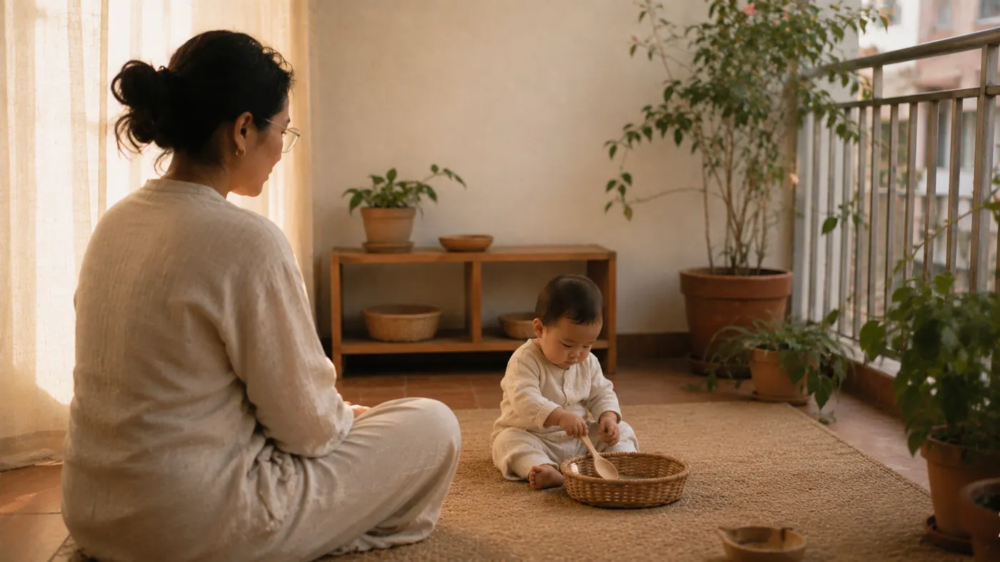 Una madre con su bebé en casa: el dedo que señala