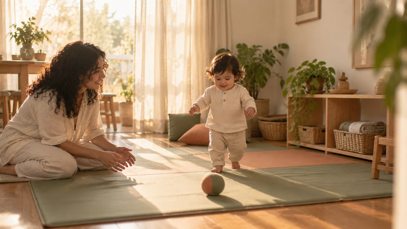 Una madre con su bebé en casa: correr y frenar