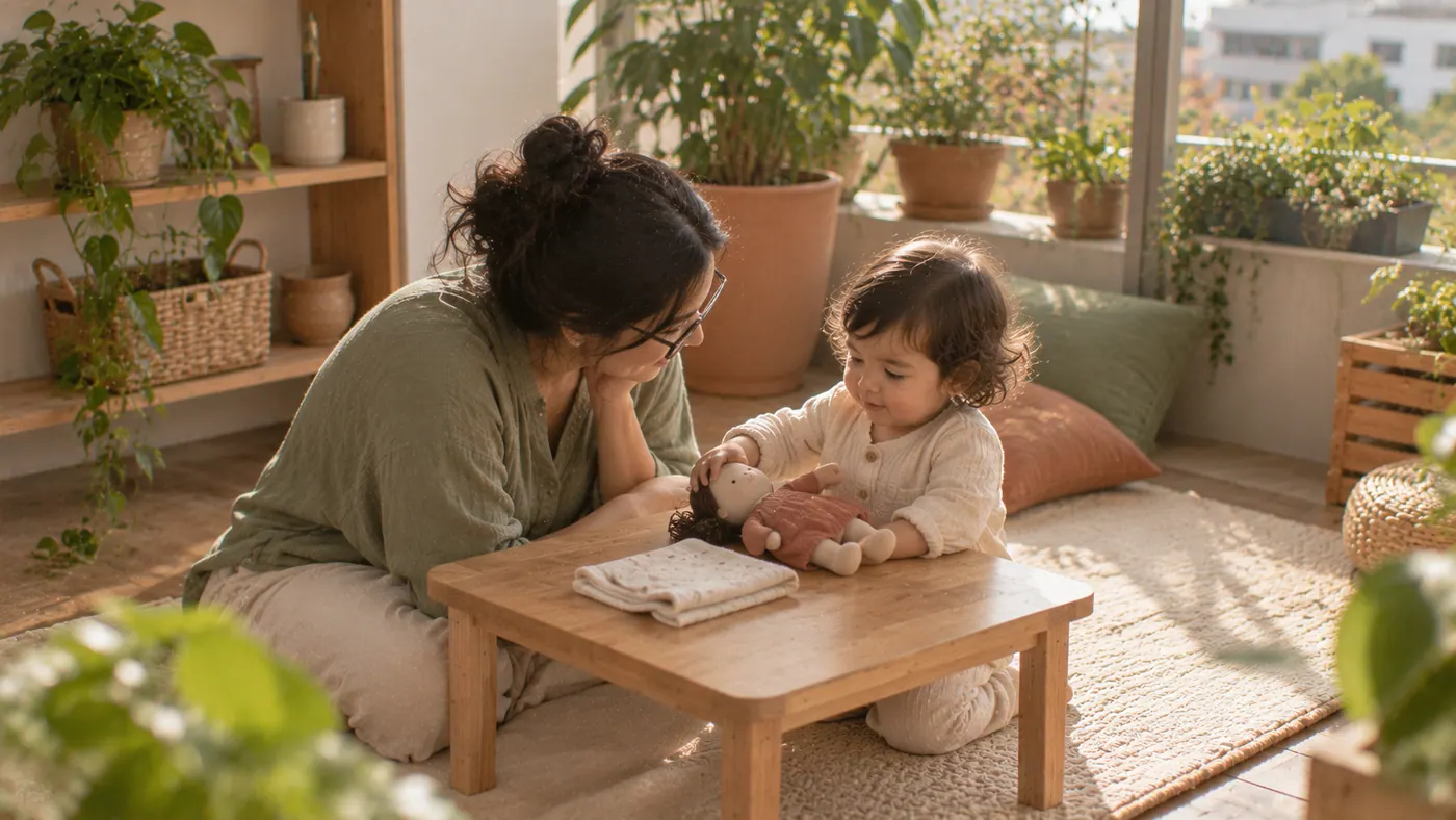 Una madre con su bebé en casa: dos palabras juntas